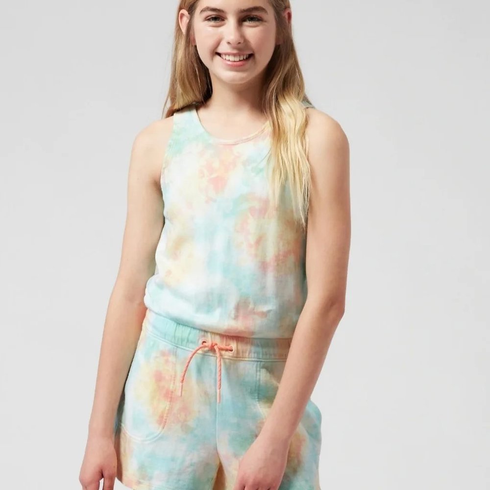 NWT Athleta Girl Havin' A Great Time Romper large 12 splash tie dye rainbow